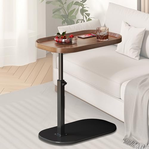 Adjustable Height C Shaped Side Table, Lift up Laptop Tv Tray for Sofa and Bedside, 360°Swivel Small Coffee C Table, Modern Under Sofa Table, Narrow Dinner Desk for Living Room Snack Tea(Walnut)