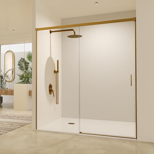IMEX - Mampara Ducha Dorada Frontal 1 Fija + 1 Corredera 130cm | Mampara de Cristal Reversible con Ancho Adaptable 126 a 131 cm | Perfilería de Aluminio con 195cm de Altura y Cristal Templado Antical