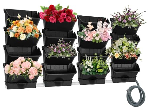 UESUENYENS 16-Töpfe Wand-Montierter Pflanzrahmen mit 4 Drainage-Schalen– Automatisches Tropfbewässerungssystem, Hängende Pflanztaschen mit 2 m langem Drainagerohr,für Garten, Terrasse (16, Schwarz)