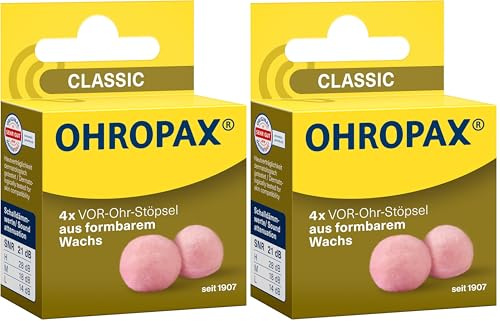 OHROPAX Classic Ohrstöpsel – VOR-Ohr-Stöpsel zum Schutz vor Lärm, Nässe und Wind – aus formbarem, anschmiegsamen Wachs – bequem und für alle Ohren geeignet – Schalldämmwert SNR 21 dB – 4 Stück