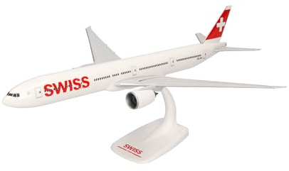 Herpa Snap-Fit airplane model Swiss International Air Lines Boeing 777-300ER on scale of 1:200, plastic miniature with pedastal, model building, collectors edition