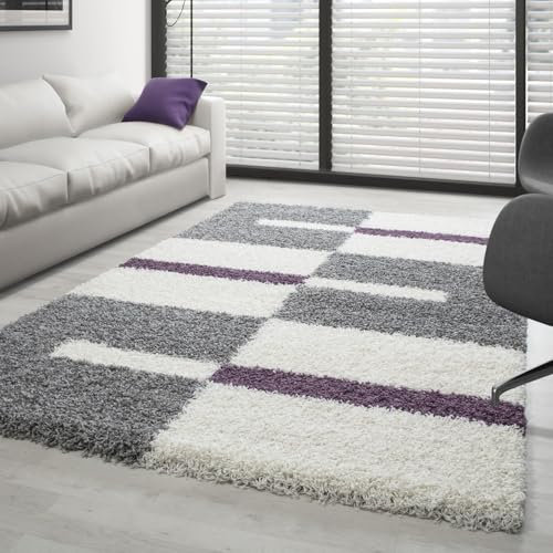Carpettex Hochflor Teppich Wohnzimmer Shaggy Flokati Teppich Modern Kariert Design 140 x 200 cm Lila - Teppich Schlafzimmer Weich Flauschig Waschbar Teppich Küche Esszimmer - Langflor Teppiche