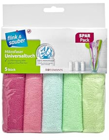 flink & sauber Mikrofaser Universaltuch Spar Pack 1 x 5 Stück zur Reinigung Aller glatten Oberflächen, 100% Mikrofaser, streifenfrei, kraftvolle Reinigung ohne Chemie, saugstark, strapazierfähig