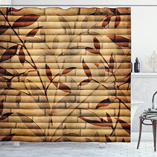 ABAKUHAUS Beige Duschvorhang, Bambus-Blätter Bohemian, Stoffliches Gewebe Badezimmerdekorationsset mit Haken, 175 x 180 cm, Brown Tan Beige