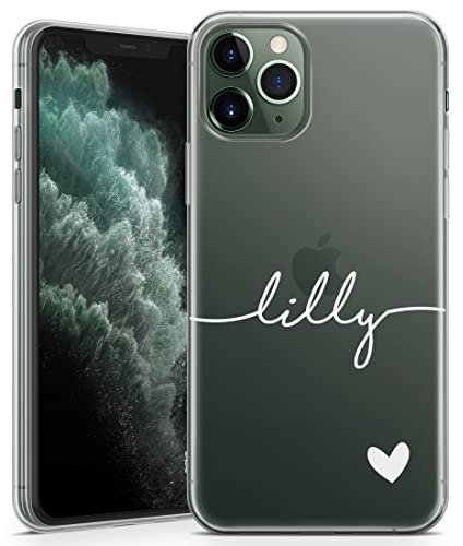 TULLUN Personalised Phone Case for iPhone X/XS - Clear Soft Gel TPU Custom Cover Horizontal Name & Heart Design Bottom Individual Style Initials Text - White
