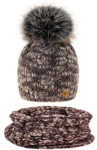 MFAZ Morefaz Ltd Set Mütze & Schal Damen Winter Beanie Strickmütze Alpaka Wolle Wurm Fleece Bommel Pom Pom (Chocolate Set Mütze & Schal)