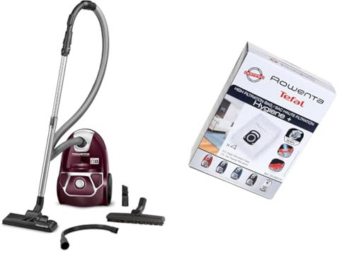 Rowenta RO3969 Compact Power Beutel-Staubsauger (Maximale Leistung: 750 Watt, Staubbeutelkapazität: 3 Liter) dunkelrot/Silber & Hygiene+ ZR200520 Staubsaugerbeutel 4 TLG.