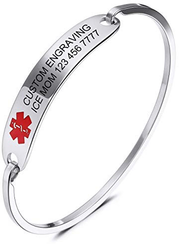 MOWOM Medical Alarm Stulpe Armreifen Armband Für Damen Mädchen Maßgeschneiderte Gravur Edelstahl Personalisierte Name ID Identifizierung Allergie Notfall - (Silberfarbe, 65 Millimeter Durchmesser)