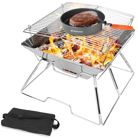 Odoland Folding Campfire Grill, 304 Stainless Steel Grate Barbeque Grill, Portable Camping Grill with Legs for Picnics, Backpacking, Outdoor with Carrying Bag and Kitchen Tongs