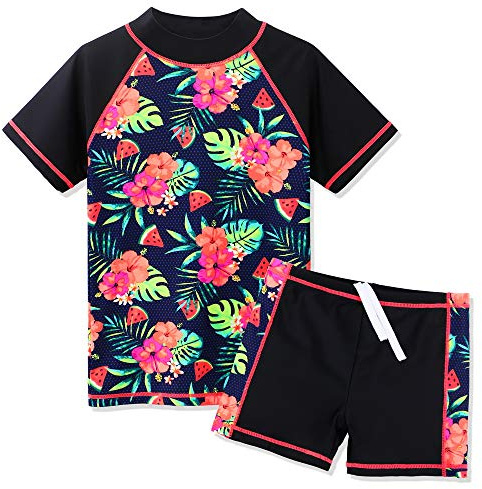 ZNYUNE Ragazze Sunwear - Bambina Bambini Junior Maniche Corte Due Pezzi Costumi Bagno da Maglietta e Pantaloncini Rash Guard Anti UV UPF 50+ Set Spiaggia