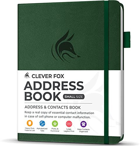 Clever Fox Adressbuch mit alphabetischen Registerkarten – Telefon- und Adressbuch aus PU-Leder, zur sicheren Aufbewahrung von Kontakten, Kontakt-Organizer, Tagebuch, kleine Größe (10,5 x 14 cm),