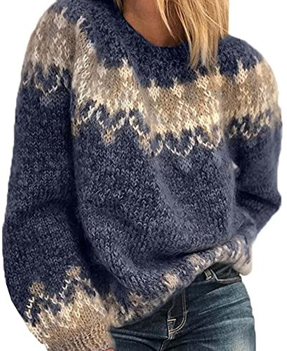 BeerMmay Donna Autunno/Inverno Girocollo Casual Sciolto Mohair Grosso Maglia Jacquard Donna Maglione, Blu, M