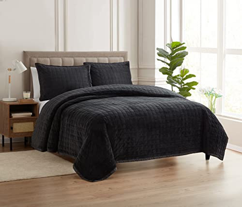 Sweet Home Collection Bettwäsche-Sets aus Samt mit Satinbesatz, Tagesdeckenbezug, weich und luxuriös, übergroß, für alle Jahreszeiten geeignet, mit Kissenbezügen, Doppelbett, Schwarz