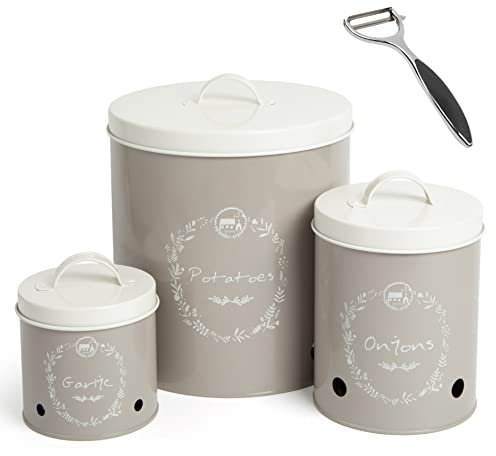 Katai Vegetable Storage Tin Set for Potato, Onion, Garlic Produce - Metal Storage Containers with Lids, Includes Vegetable Peeler, Ideal for Kitchen Countertop or Pantry, Grey Aluminium Bins, 3 Sizes