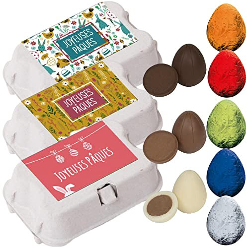 Chocolat de Pâques - Lot de 3 X Mini Boîtes de 6 Oeufs de Pâques Fourrés Praliné - 5 Parfums - Fabriqué en France par Chocolat de Mariage - 264 Gr