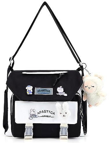 DKIIL NOIYB Kawaii Umhängetasche mit Kawaii-Bär-Anhänger für Mädchen, lässige Kawaii-Kuriertasche, Segeltuch, Hobo-Tasche, mehrere Taschen, Kawaii-Tasche für Damen, A01-a Schwarz, 32