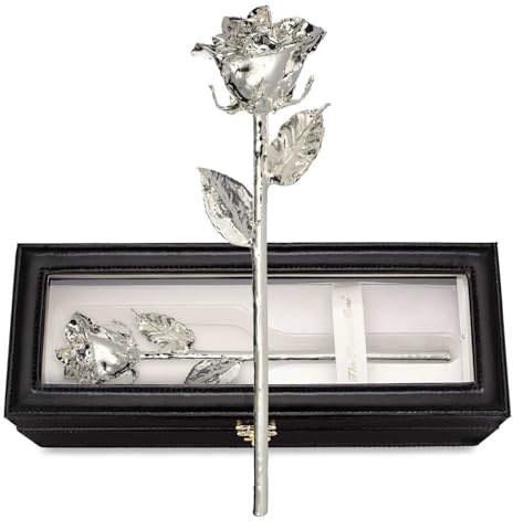 Forever Rose Echte Rose getaucht in Silber, handgefertigte konservierte Rose in luxuriöser Leder-Vitrine mit LED-Licht, romantisches und elegantes Geschenk für sie, Jahrestag, Valentinstag oder
