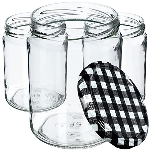 KADAX Preserving Jars 540 ml, Preserving Jars for Screw Lids, Jam Jar, Storage Jar, Preserving Jar, Round Jars (Black Checked / Pack of 8)