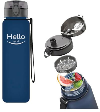 Hello Sport Trinkflasche aus BPA-freiem Tritan - Wasserflasche mit einem Klick - 1 l (Blau)