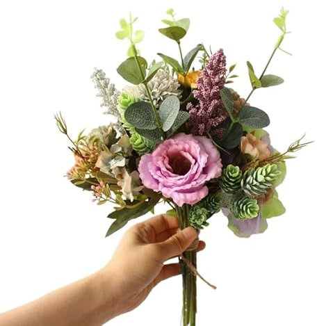 HXSCOO Flower Bouquet Silk Balloon Flower Bride Bridesmaid Wedding Bouquet Handmade Hydrangea Pompon Vanilla Eucalyptus Leaf