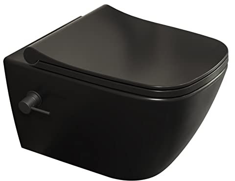 Aqua Bagno | Taharet WC douche avec robinet, WC mural avec siège WC Softclose, WC suspendu avec fonction bidet | 51 cm de long, noir mat