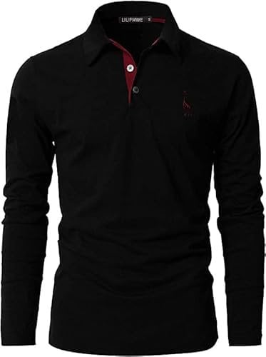 LIUPMWE Mens Polo Long Sleeve Shirt Cotton Golf Giraffe Tennis T-Shirt Tops,Black-09,L