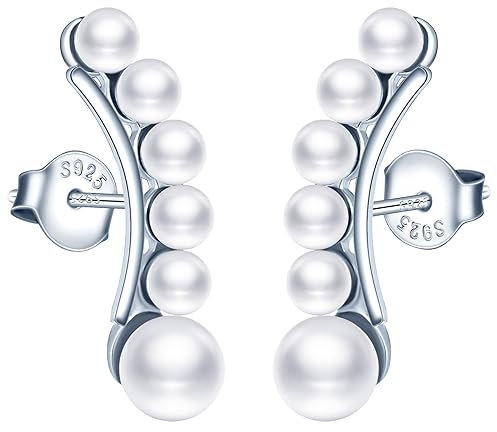 MICMIF Perlen Ohrstecker für Frauen - 925 Sterling Silber Ohrclimber, Sechs Perlen Knorpel Gebogene Ohrringe - Elegante Hypoallergene Ohrringe für Damen und Mädchen
