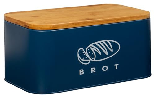 Theo&Cleo Paneras con tapa, bambú ecológico, se puede utilizar como tabla de cortar, espaciosa caja de pan retro de metal, almacenamiento largo y mantener fresco, 30 cm x 18 cm x 14 cm, azul oscuro