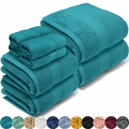 LEBENGOOD –Lot 8 Serviette de Bain 100% Coton Oeko-TEX® : 4 de Toilette, 2 de Main, 2 de Douche - Serviettes de Bain Grande Taille, Drap de Bain Doux et Absorbant, Linge de Bain.