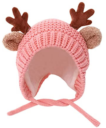 FeiliandaJJ Baby Weihnachtsmütze für Junge Mädchen Niedliche Geweih Strickmütze Winter Warm Mütze Fleecefutter Ohrenschützer Hut Wintermütze 45-50 cm