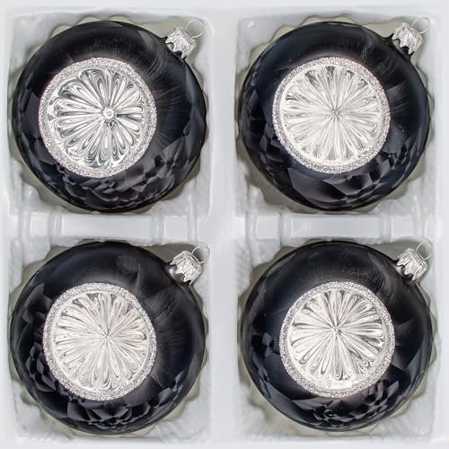Navidacio 4 TLG. Glas-Weihnachtskugeln Set 10cm Ø in 'Vintage Ice Schwarz Silber' Christbaumkugeln -Reflektorkugeln -Christbaumschmuck 10cm Durchmesser Reflexkugeln