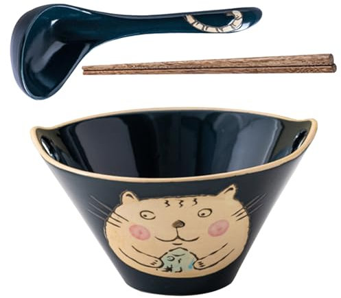 Ensemble de bols Ramen, ensemble de bols Ramen, bol en céramique de 27 oz, bol à nouilles avec baguettes et cuillère, bol en céramique de 8 pouces, bols à soupe à motif de chat de type japonais