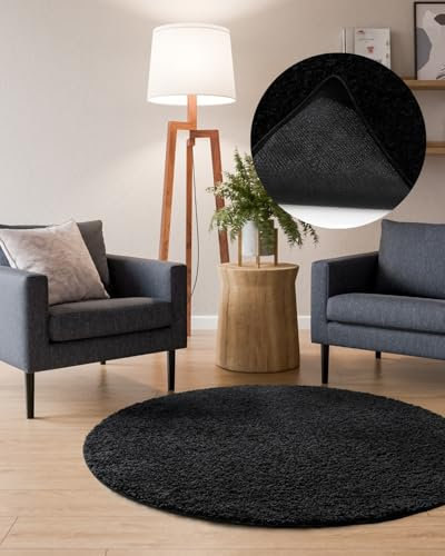 Interiyou Hochflor Teppich Sofia - 160x160 cm Rund Schwarz - flauschig und einfarbig - waschbar und rutschfest - weicher Langflor
