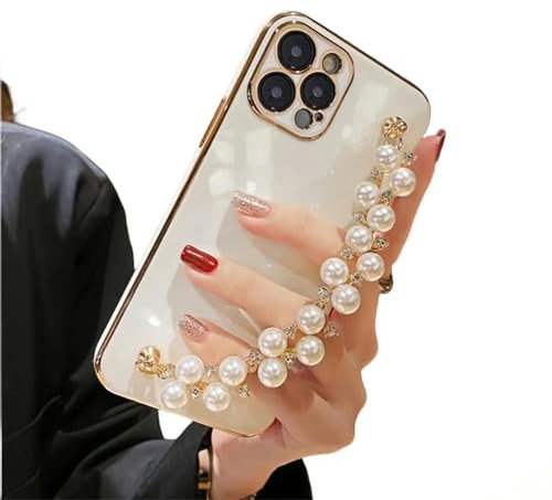 JPXWD iphone Case Pearl Bracelet Chain Soft Case For Iphone 15 13 14 12 11 Pro Max Glitter Silica Cover-For Iphone 15Pro-White