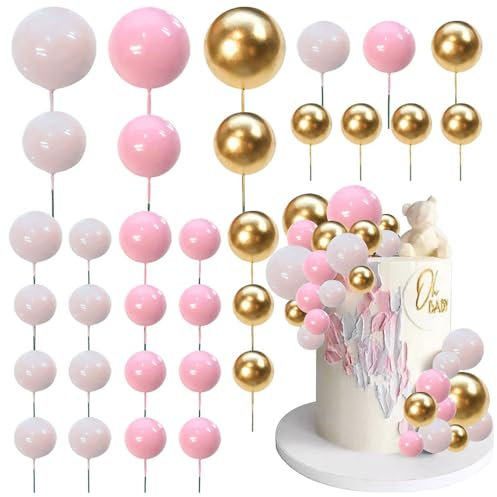 LAWALEISHE 50pcs Cake Decorating Balls, Metal Cake Decorating Tools, White Gold Pink Mixed, Mini Balls Birthday Cake Decorations For Various Party Venues