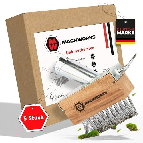 MACHWORKS® 5X Fugenbürste Unkraut [GRATIS MONTAGESCHRAUBEN] für ⌀24mm Holzstile mit Fugenkratzer | Verzinkte Unkraut Fugenbürste | Effektive Entfernung Dank V-Stahlborsten | Fugenreiniger Garten