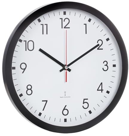 TFA Dostmann Analoge Funk-Wanduhr, 60.3522, mit Sekundenzeiger, Glasabdeckung, großes Ziffernblatt, 30cm Durchmesser (Schwarz)