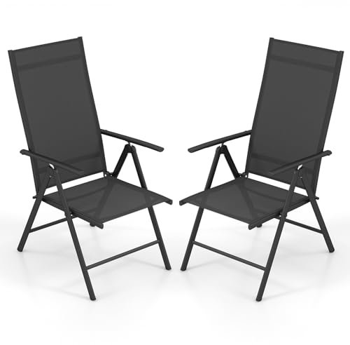 COSTWAY 2er Set Gartenstühle Hochlehner, Klappstühle mit 7-Fach Verstellbarer Rückenlehne, klappbare Balkonstühle bis 180 kg belastbar, Terrassenstühle für Garten, Terrasse, Balkon (Schwarz)