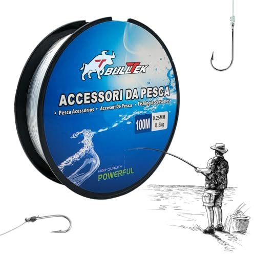 Lenza da Pesca in Nylon - 100 M - 0,25 mm – 8.5 KG - Monofilo, Bobina di Filo da Pesca, Resistente agli Strappi, trasparente, per Pescatori di Mare, Fiume, Lago