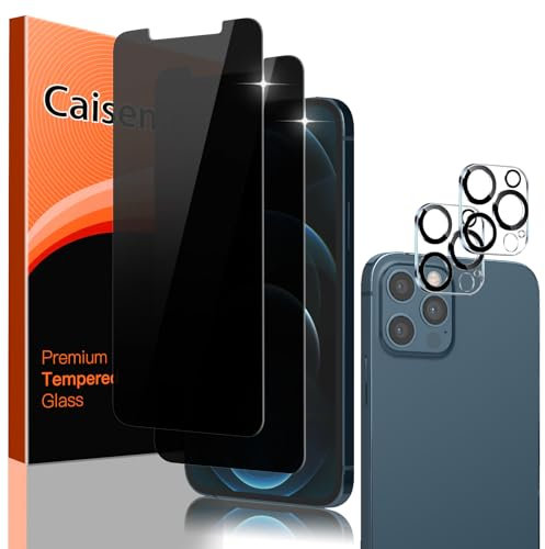 Caisemo 2+2 Pack Privacy Tempered Glass Screen Protector for iPhone 12 Pro 6.1 with Camera Lens Protector,9H Hardness, Anti Scartch