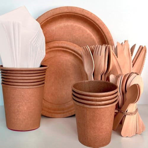 Pack vaisselle Kraft complet pour 50 personnes - 350 pièces - Recyclable - Carton - Grandes et petites assiettes - Gobelets - Couteaux - Fourchettes - Petites cuillères - Table'Colors