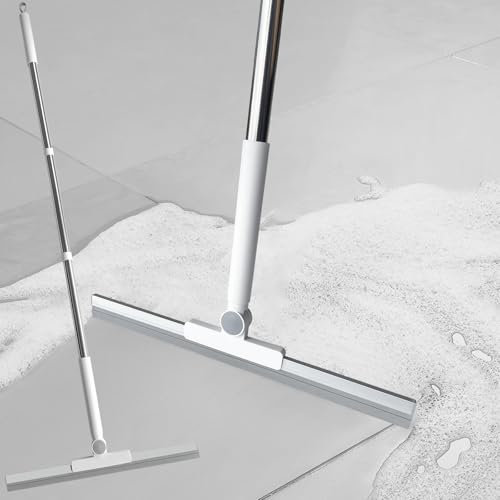 Wasserschieber Bodenabzieher Dusche Fensterabzieher mit verlängertem Stiel 100% Silikon Abzieher Boden Wischer, 42cm Bodenwischer Reinigungs Wasser, Tierhaare,Fenster (Weiß)