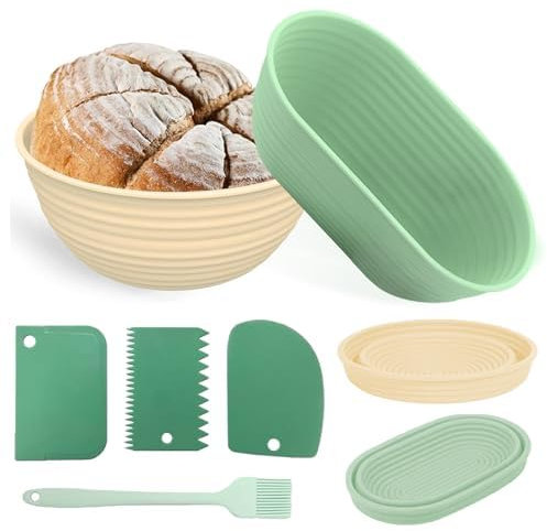 Lot de 2 Paniers de Fermentation (Rond 23,5 cm + Ovale 26 cm), 3 Spatules à Pâte, 1 Pinceau, Banneton à Pain En Silicone, Panier de Fermentation pour Faire du Pain