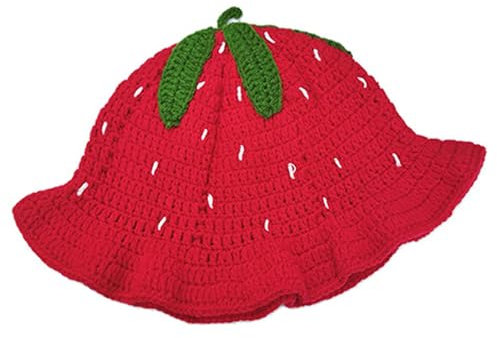 NIDONE Erdbeerhut, süßer Erdbeerschaufel -Hut mit gekräuselter Kante, weicher elastischer Strick -Häkelschaufelhut, tragbare Häkelhüte für Frauen Mädchen, Erdbeerschaufel Hut