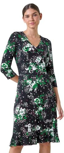 Roman Originals Tea Dress for Women UK Ladies Frill Hem Skater Wrap Jersey Stretchy Fit & Flare Flattering Knee Length Cocktail Party Occasion Holiday Going Out - Green Noir - Size 18