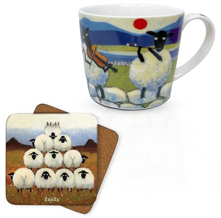 Thomas Joseph Kaffeetassen-Set aus Knochenporzellan, 325 ml, mit Korkuntersetzer, Schaf-Design, Geschenk (325 ml, spielt Musik)
