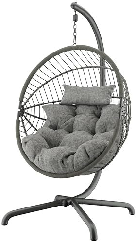 Blisswood Rattan Hanging Egg Chair with Cushion & Stand – Indoor & Outdoor Swing Chair for Garden, Patio or Balcony – Foldable Wicker Pod Chairs – Supports Up to 150kg (Light Grey)