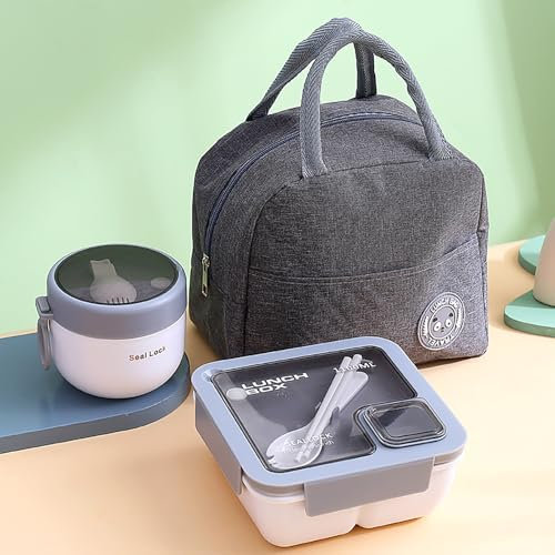 Bento Box for Adults Kids, 1100ML Bento Lunch Box with Bag and Cutlery, Microwave Safe Lunchbox, Portable Leakproof Meal Prep Container Box, Food Storage Lunchbox for Work Student School Office, Grey
