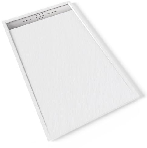 HIEMAL INOX Receveur de douche 90 x 150 cm résine Blanc aspect ardoise + bonde inox incluse - Salle de bain
