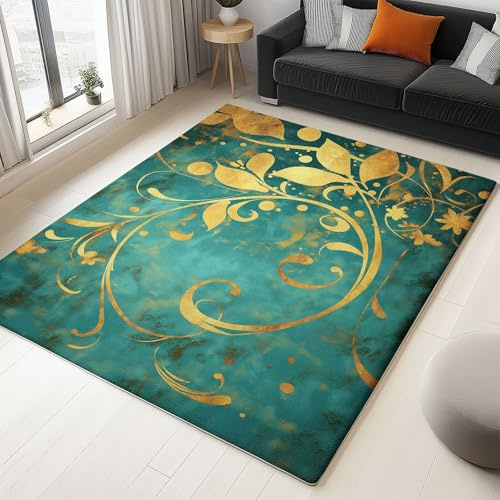 Grün Teppich 80x150 cm Goldenes Muster Weich Rutschfester Flanell Teppich, Waschbarer Kurzflor Teppiche für Schlafzimmer Wohnzimmer Kinderzimmer Dekor, Pflegeleicht